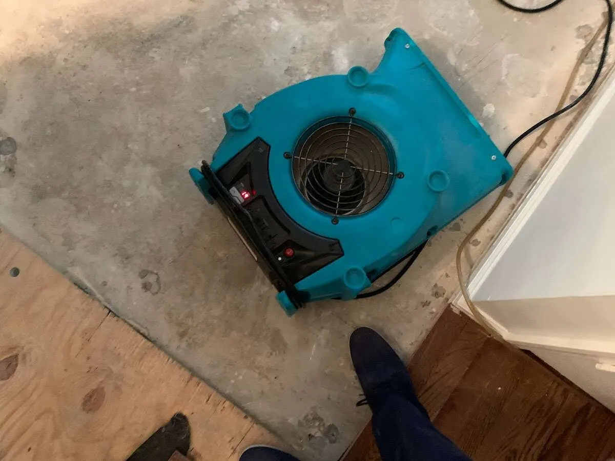 Air mover drying subfloor during Leak Detection & Repair in Moores Mill
